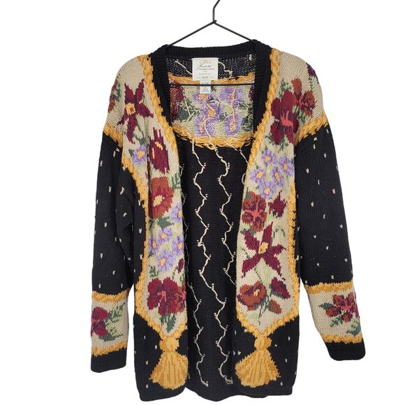 Vintage 1990s Womens Sz M Handknitted Express Cardigan Sweater Floral Ramie - Picture 1 of 4